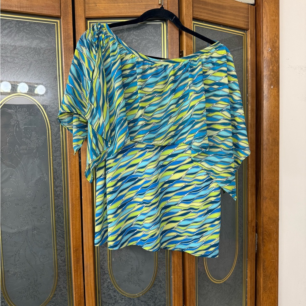 Michael Kors Blue & Lime Wave-Print Blouse, EUC